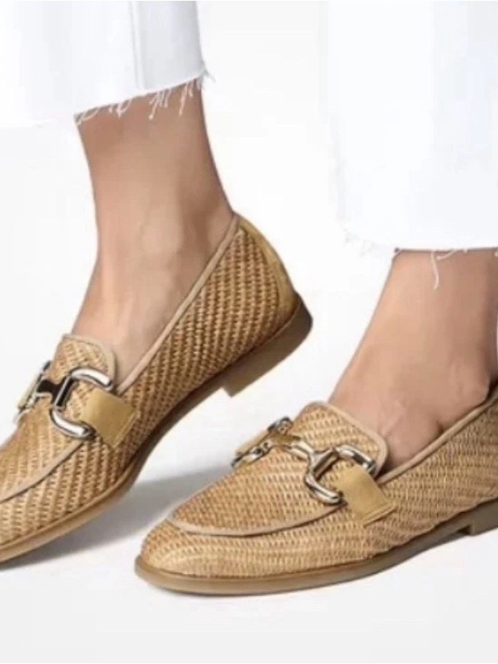 Paul Green Woven Tan Loafers with Gold Horsebit